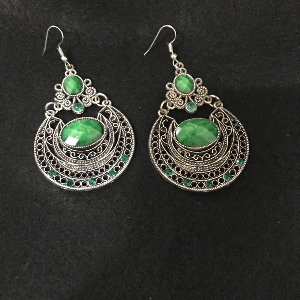 Green Filigree Dangle Earrings with Faceted Stones - Women Jewelry